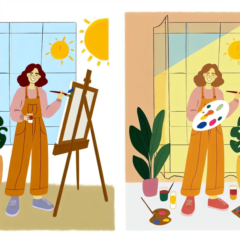 Vrolijke amateur-schilder in zonnige kamer met schildersezel waarop 'Alleen voor de lol' staat, minimalistische stijl van Dick Bruna