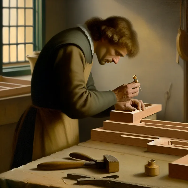 Ambachtelijke vakman lijmt zorgvuldig twee houten stukken aan elkaar in een sfeervol verlichte ruimte.