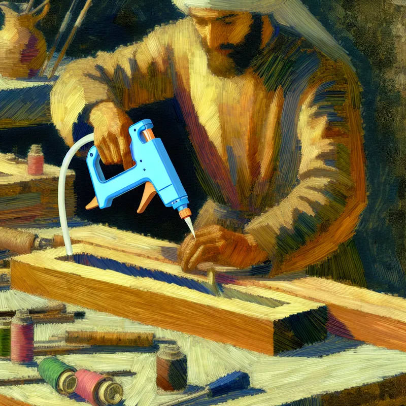 Ambachtsman gebruikt een lijmpistool om nauwkeurig lijm aan te brengen op een stuk hout in een levendige werkplaats, geschilderd in de stijl van Frans Hals