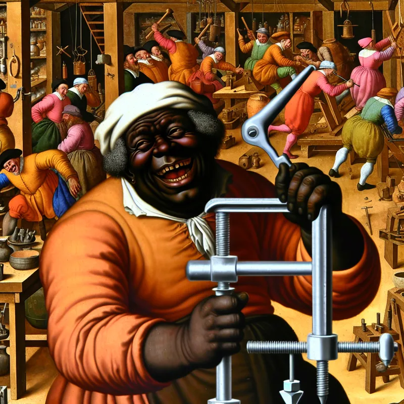 Een vrolijke ambachtsman in een werkplaats die een klem gebruikt om een schroef te fixeren terwijl hij boort, omgeven door verschillende gereedschappen en materialen.