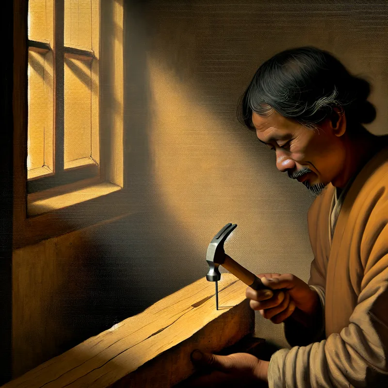 Een ambachtsman slaat vakkundig een spijker in een stuk hout in een sereen interieur.