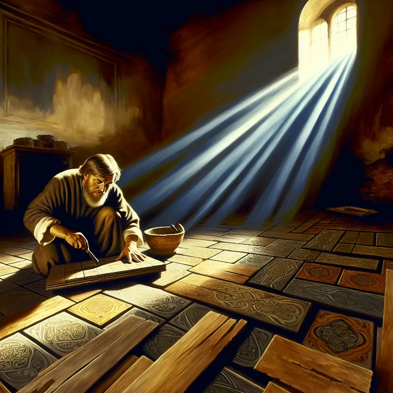 Een ambachtsman legt zorgvuldig tegels op de grond in een intrikat patroon, met lichtval door een gebogen raam.