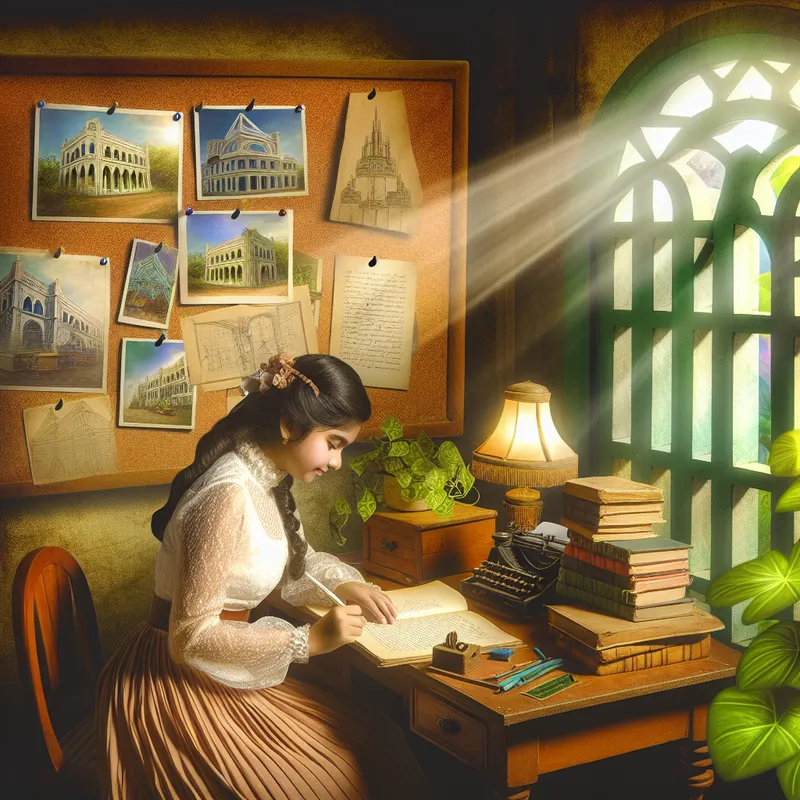 Jonge vrouw in vintage studeerkamer schrijft aan houten bureau, omringd door boeken en een raam met zonlicht