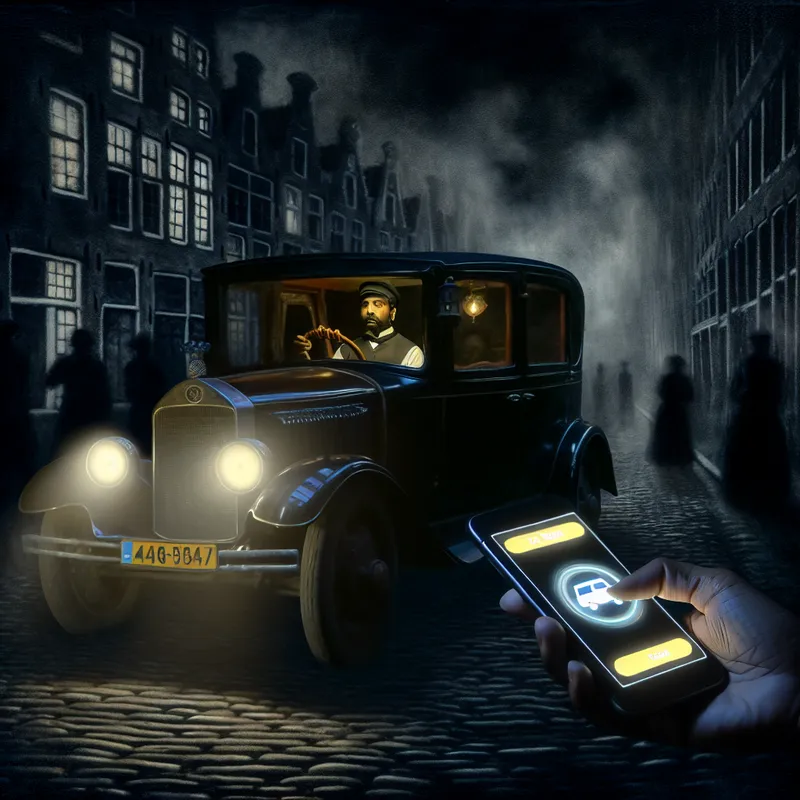Vintage taxi in mysterieus nachtelijk Amsterdam met smartphone en taxidienst-app, symboliserend de verbinding tussen traditie en moderne technologie