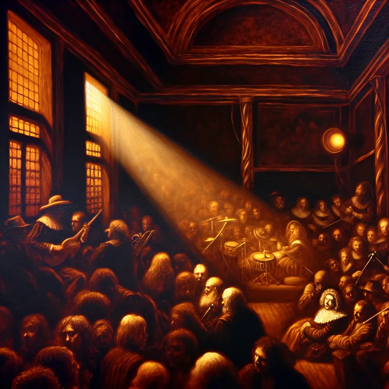 Diverse groep mensen genietend van live muziek in een Amsterdamse undergroundzaal met dramatische Rembrandt-verlichting