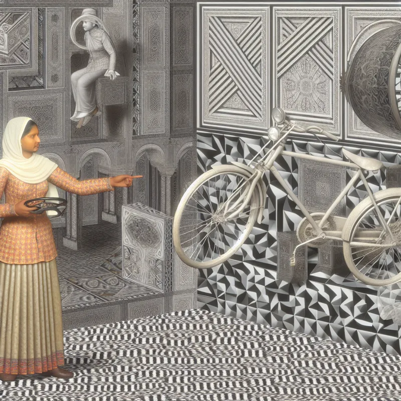 Surrealistische illustratie van een persoon die naar een zwevende, semi-transparante fiets wijst als voorbeeld van anafoor in taal, in de stijl van M.C. Escher