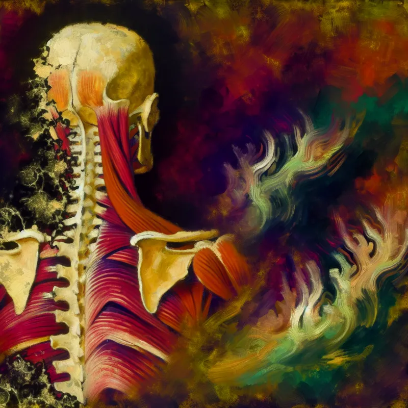 Een levendige anatomische illustratie van de menselijke rug, met zichtbare spieren en wervels, gefocust op het achteraanzicht van een figuur.