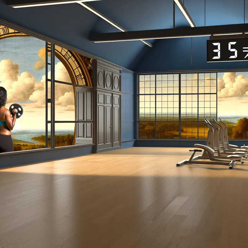 Dramatisch landschap waarin een persoon sport beoefent in een mooi verlichte gym met uitzicht op de natuur en een klok die 'anderhalf' symboliseert.
