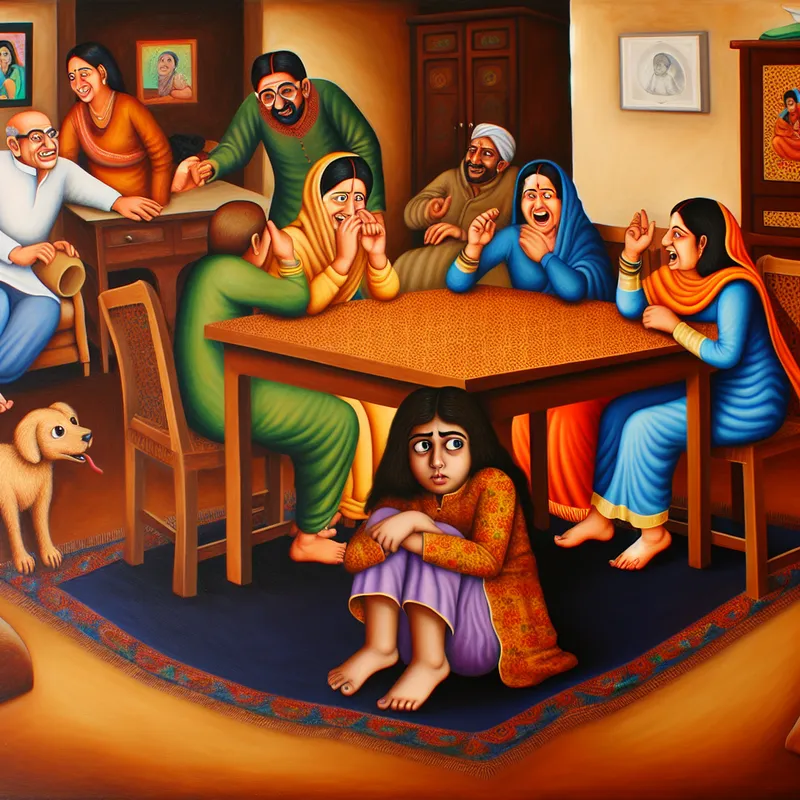 Een jonge meisje verstopt zich angstig onder een tafel in een gezellige woonkamer, terwijl familieleden om haar heen in gesprek zijn.