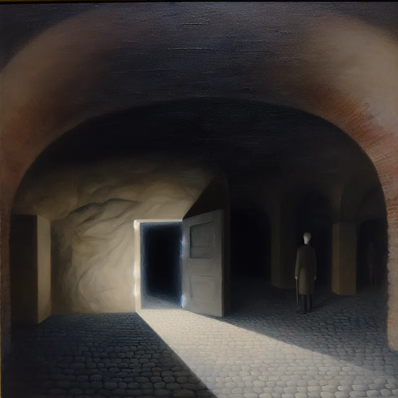 Een persoon staat aarzeling bij de ingang van een donkere kelder, omringd door een schimmige en onheilspellende sfeer.