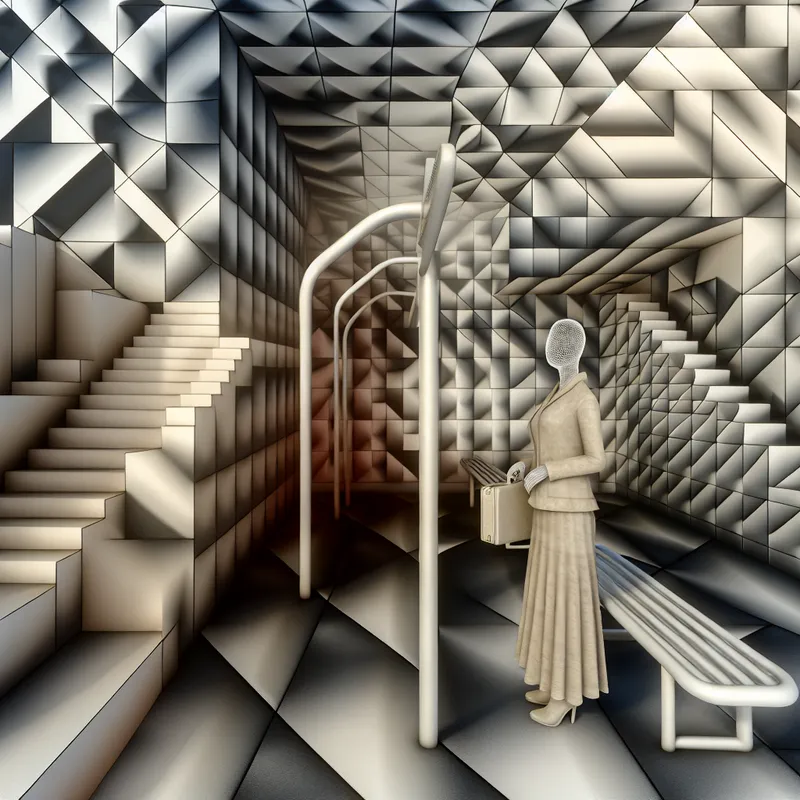 Surrealistische geometrische scène in de stijl van M.C. Escher met een anonieme vrouw bij een bushalte, omringd door optische illusies en herhalende patronen