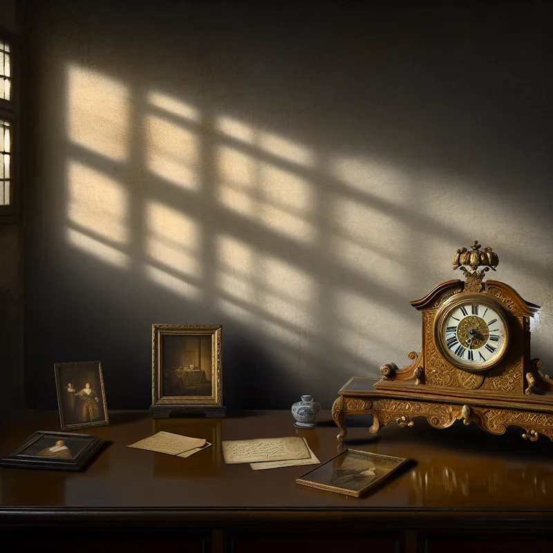 Antiek klokje op een houten tafel, omringd door erfstukken zoals foto's en brieven