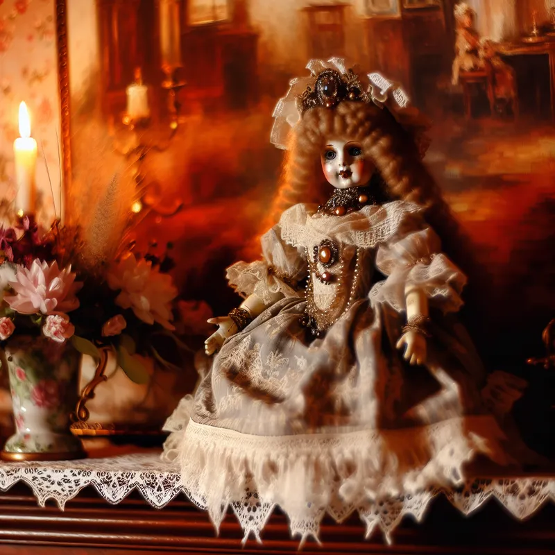 Antieke decoratiepop met een elegante uitstraling, omgeven door kaarslicht en bloemenarrangementen