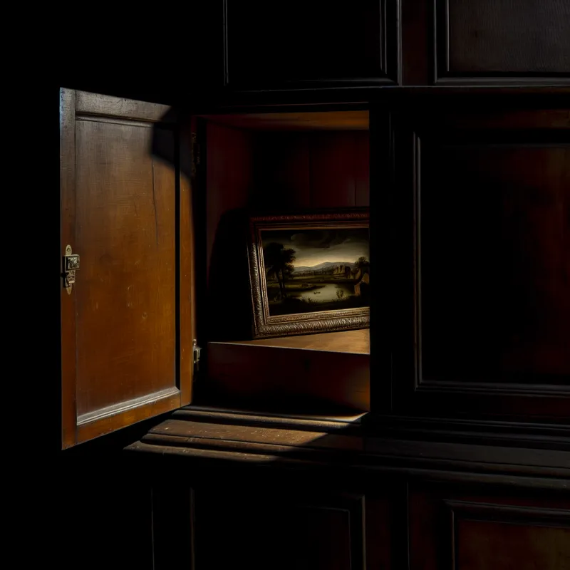 Antieke kast met een geopend deurtje dat een gefotografeerd landschap toont, in warm licht