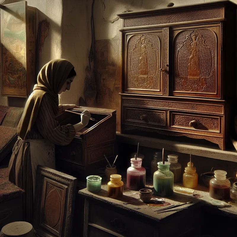 Een persoon die met zorg een glanzende lak aanbrengt op een antiek houten kast in een knusse vintage werkplaats.