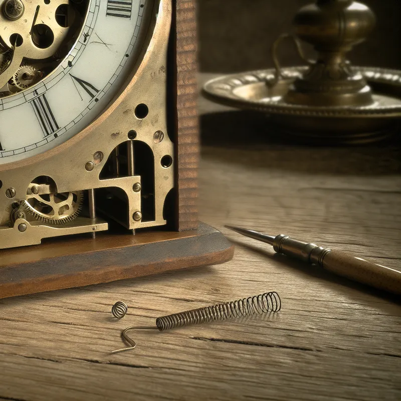Antieke klok met zichtbare veermechanisme en elegante zwaanveer op een houten tafel met zachte verlichting