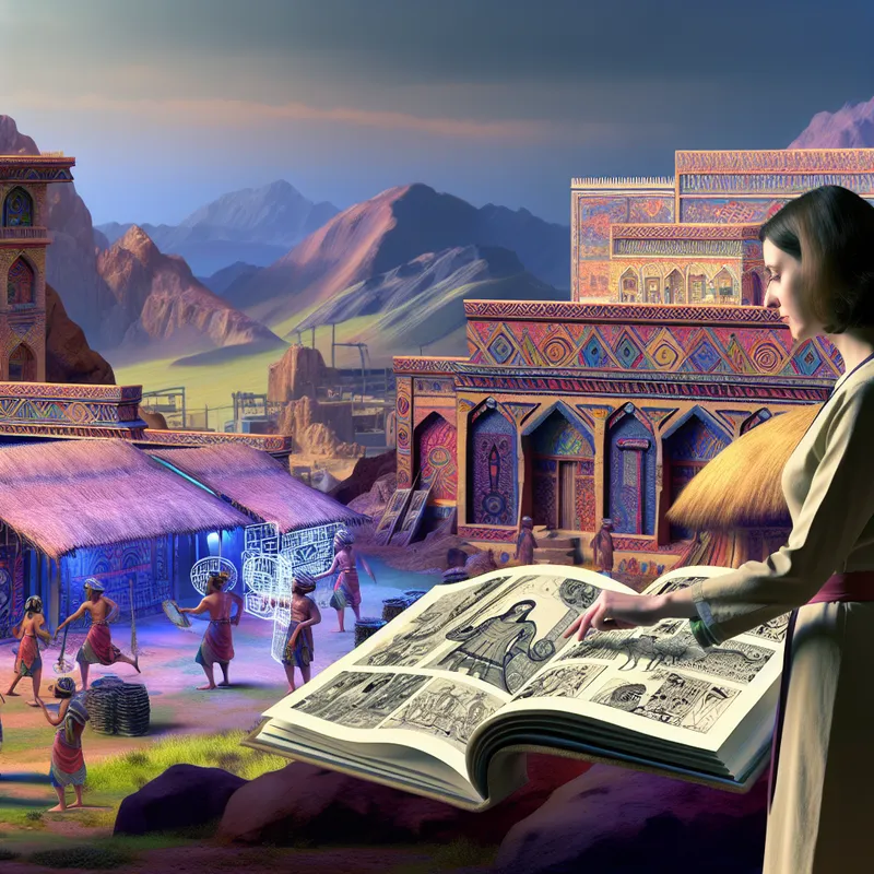 Antropoloog voor een tribale dorpsscène met monumentale architectuur, boek in hand met illustraties van tribale gebruiken.