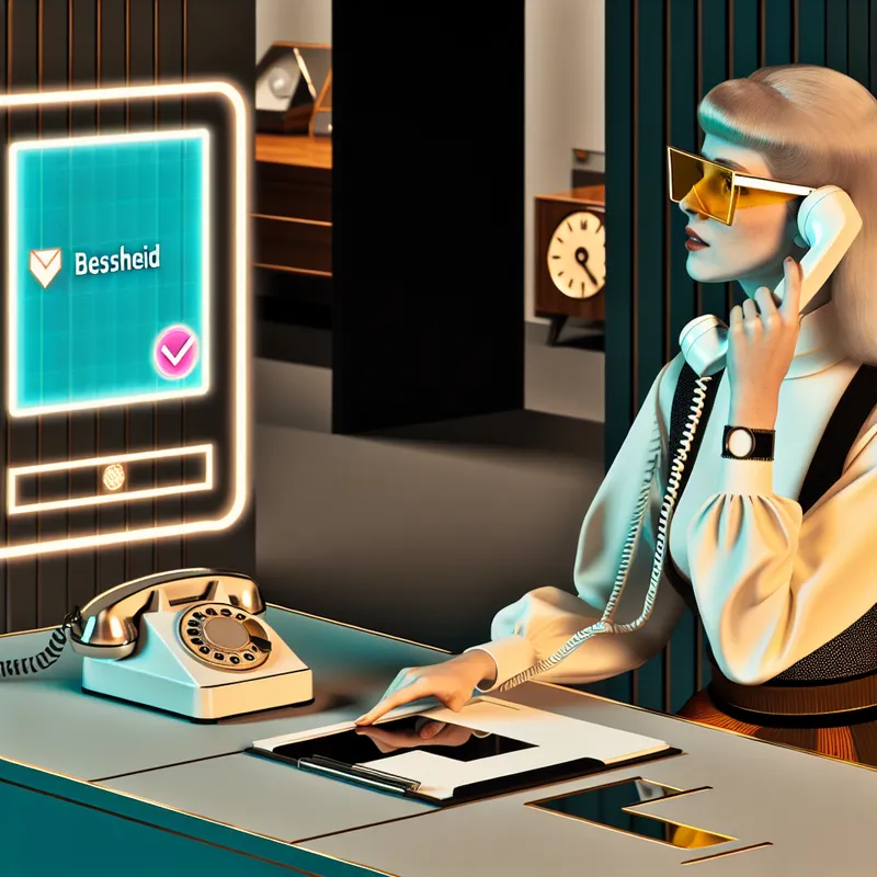 Persoon ontvangt een antwoord op een tablet terwijl hij een retro telefoon vasthoudt in een retro-futuristisch kantoor