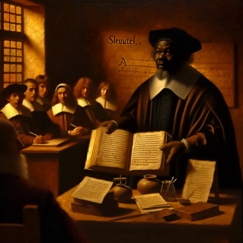 17e-eeuwse Nederlandse klas met strenge leraar die een antwoordsleutel genaamd 'Sleutel' vasthoudt, omringd door nieuwsgierige leerlingen in een Rembrandt-stijl schilderij