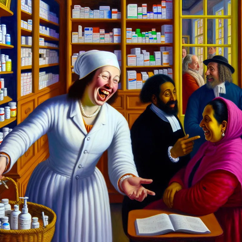 Een apotheker die enthousiast interactie heeft met klanten in een levendige apotheek.