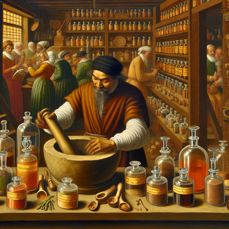 17e-eeuwse Nederlandse apotheker mengt ingrediënten in een vijzel met stamper, omringd door glazen potten en kruiden in een levendige apotheek