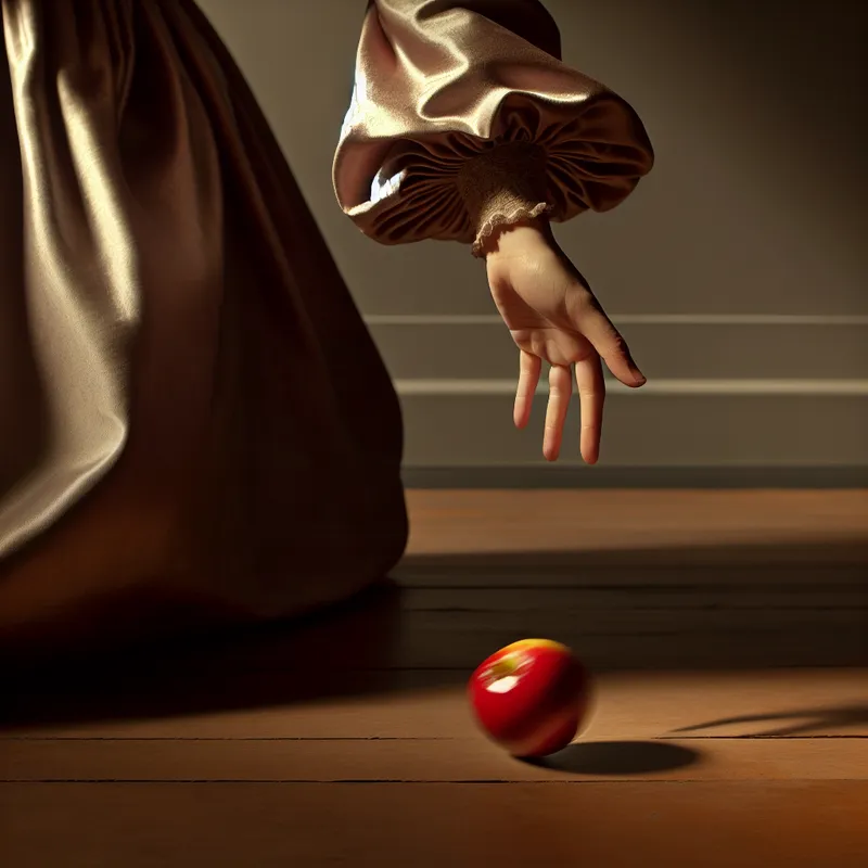 Rode appel rolt uit de handen van een vrouw op een houten vloer, illustratie van natuurlijke beweging door zwaartekracht