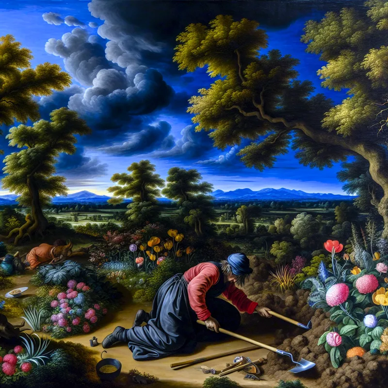 Een arbeider knielt in een weelderige tuin onder een dramatische lucht, omringd door bloemen en bomen.