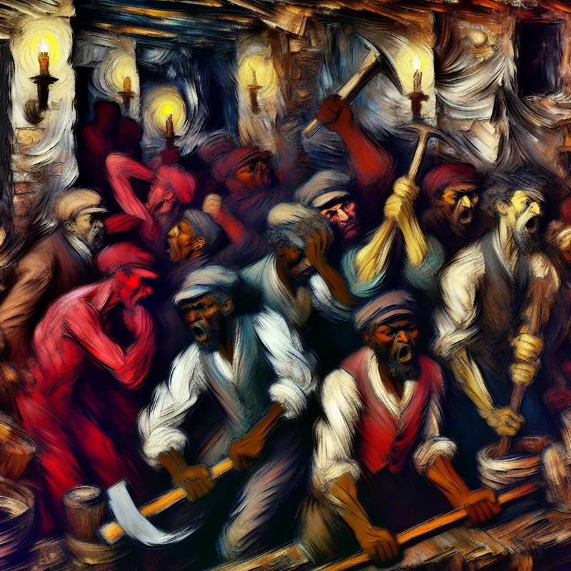 Abstract expressionistisch schilderij van 19e-eeuwse arbeiders in industriële omstandigheden, met gezichten vol uitputting en vastberadenheid, symboliserend arbeidersklasse en solidariteit