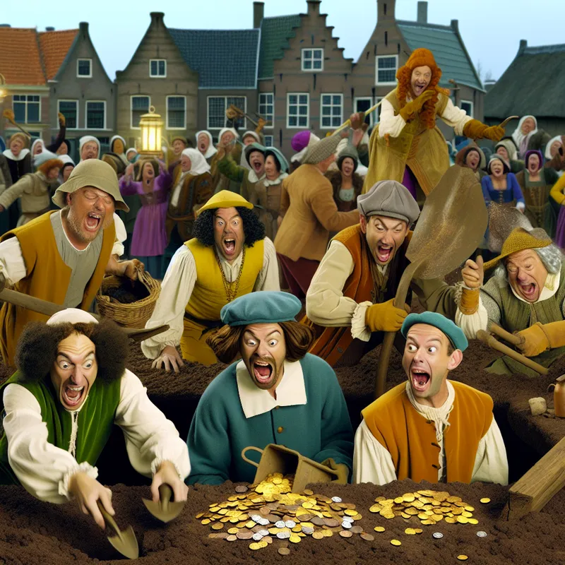 Levendige 17e-eeuwse scène van archeologen die opgewonden oude schatten opdiepen uit een vers gegraven kuil, met gouden munten, aardewerk en roestige gereedschappen