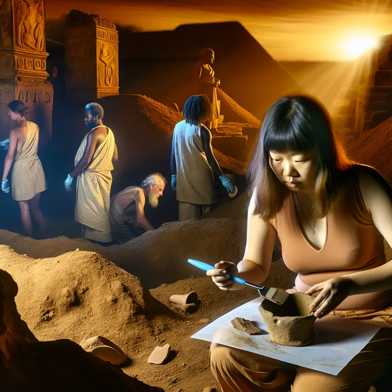 Een archeoloog die zorgvuldig aarde wegveegt om een goed bewaard artifact, zoals een aardewerkscherf, bloot te leggen