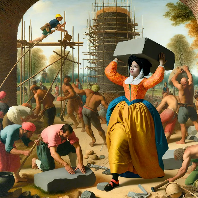 Een architect legt de eerste steen van een nieuw gebouw op een druk bouwterrein, omgeven door werknemers.