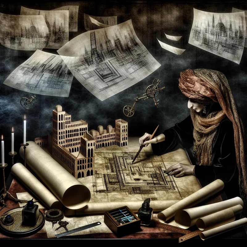 Digitale illustratie van een architect die een futuristisch gebouw ontwerpt op verouderd perkament, omringd door zwevende blauwdrukken, linialen en passers in een mysterieuze sfeer
