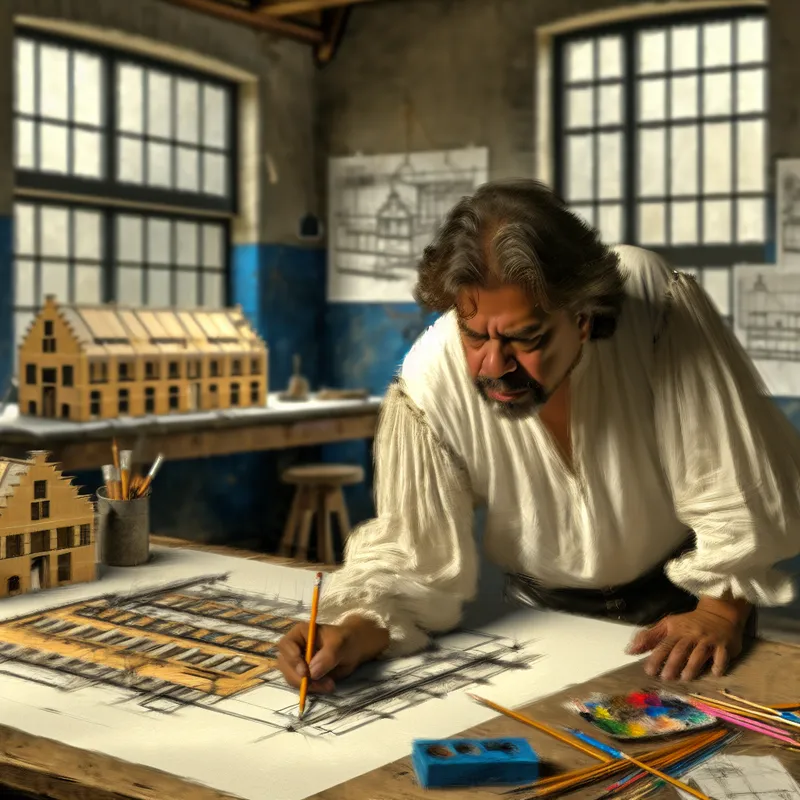 Architect met potlood die bouwplannen op een houten tafel schetst in een drukke studio.