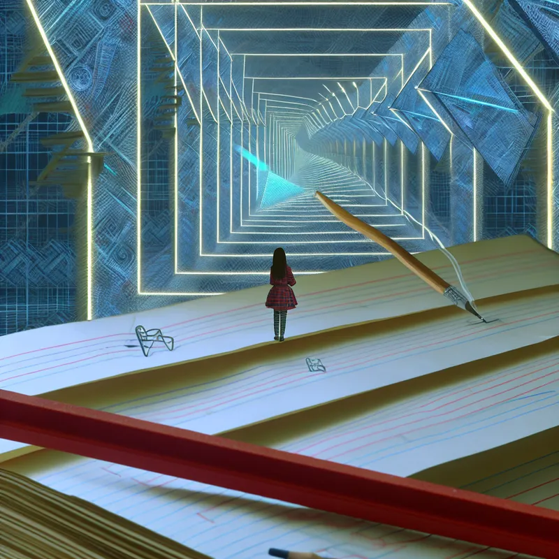 Surrealistische tekening in de stijl van M.C. Escher van een architect die nauwkeurig lijnen tekent op een transparant blauwdruk, met optische illusies en geometrische patronen