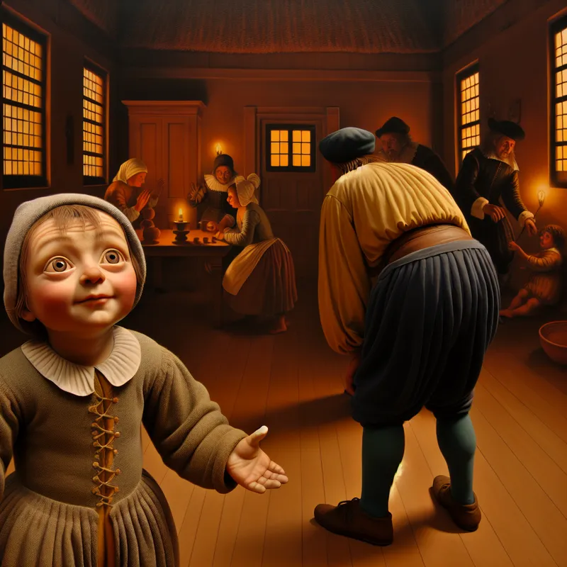 Kind met onschuldige blik kijkt vol vertrouwen naar een volwassene in een levendig Hollands huishouden, symbool voor argeloosheid