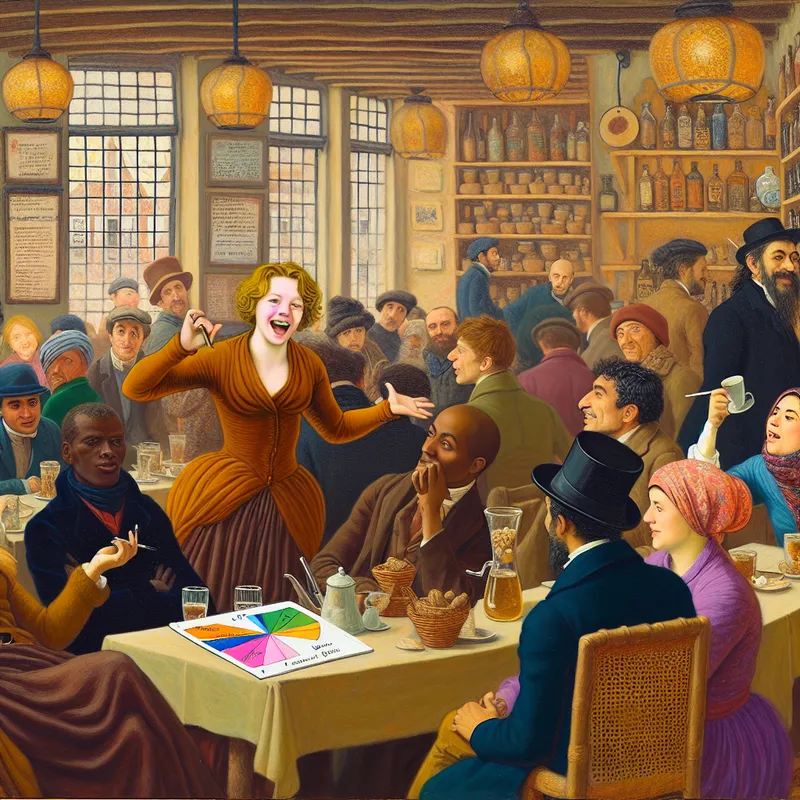 Een vrouw in een café presenteert haar argument met kleurrijke grafieken aan een geïnteresseerd publiek.