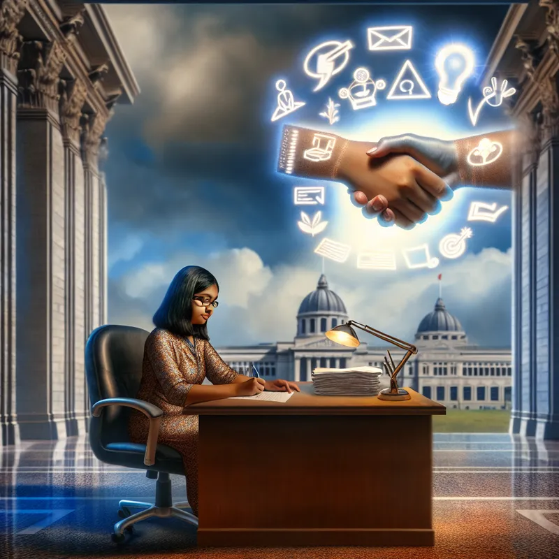 Hyperrealistisch schilderij van een jonge vrouw die een motivatiebrief schrijft aan een bureau met een zwevende checklist van redenen voor haar sollicitatie, in surrealistische stijl