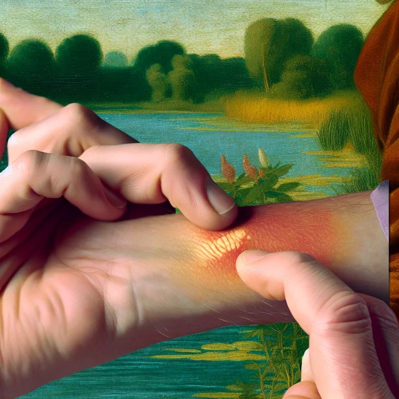 Nab close-up van een insectenbeet op een arm, met zichtbare roodheid en irritatie, afgebeeld met een serene achtergrond van een meer.