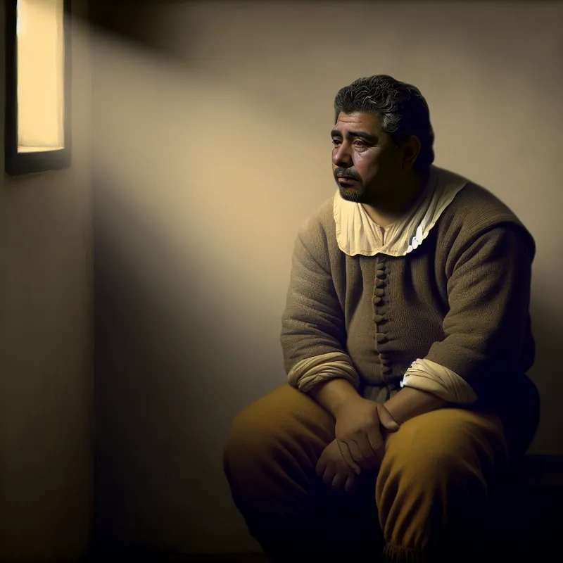 Trieste man alleen in een schemerige kamer, illustratie van 'arme duivel' in Vermeer-stijl