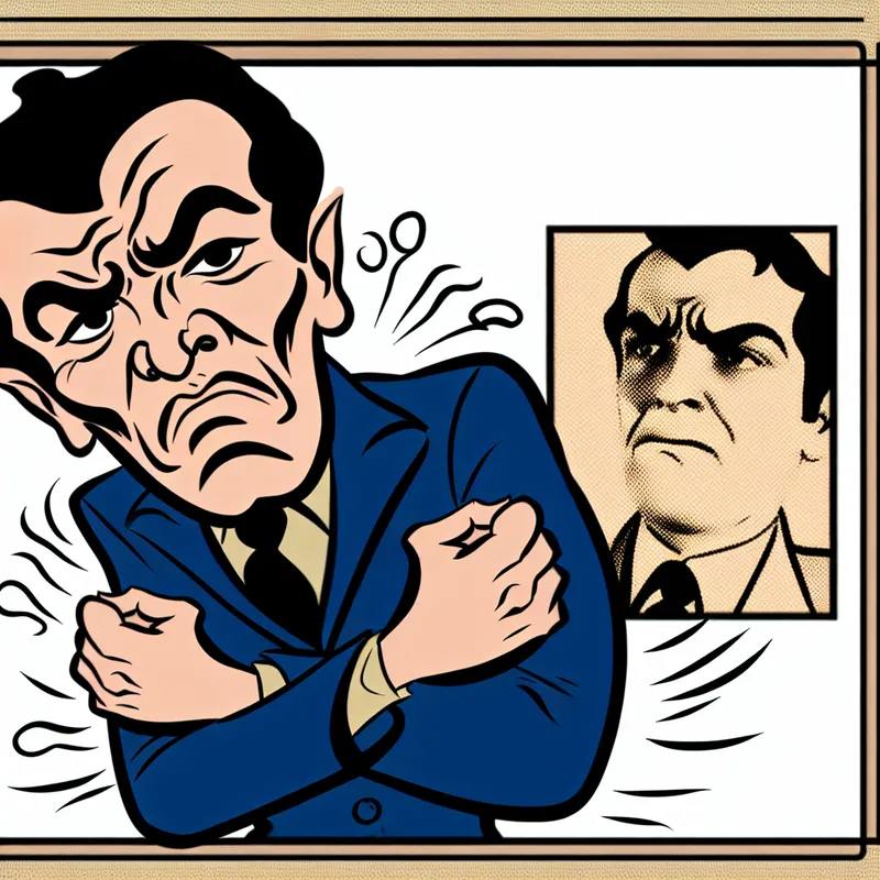 Cartoonfiguur met armen strak over elkaar geslagen in een defensieve of nadenkende houding, illustratie van lichaamstaal