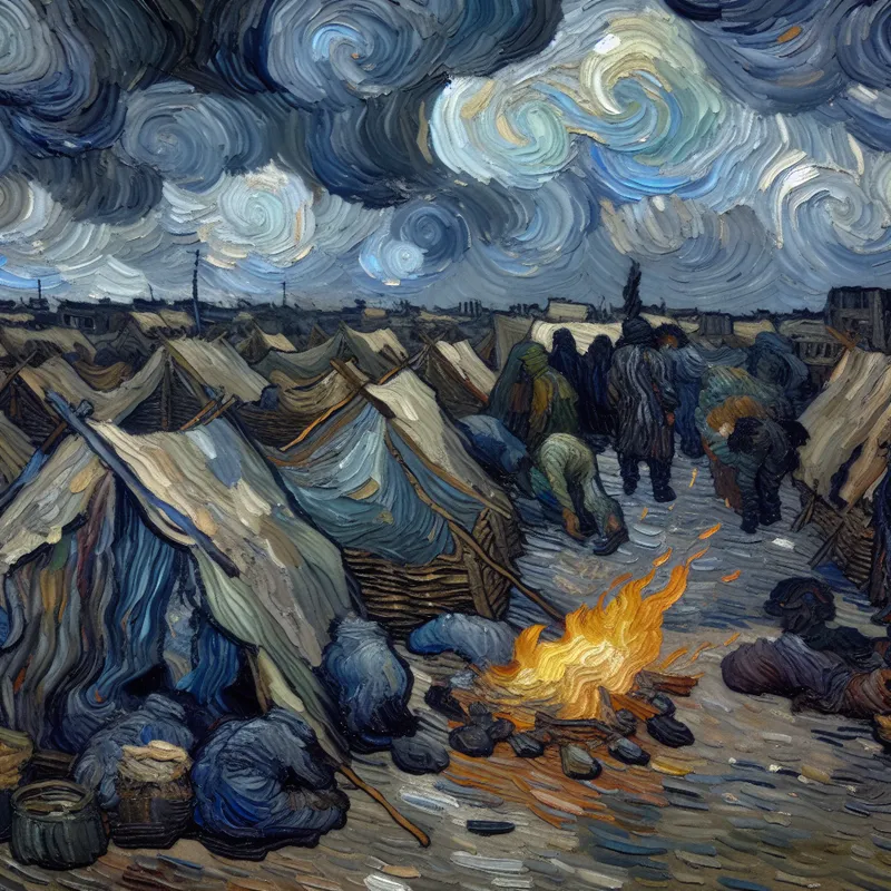 Schilderij in Van Gogh-stijl van een desolaat vluchtelingenkamp onder een stormachtige hemel, met armoedige omstandigheden en uitgeputte figuren rond een klein vuur