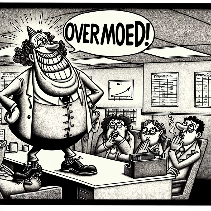 Een cartoonachtige afbeelding van een arrogante man die in een kantoor zijn recente promotie opschept, terwijl zijn collega's geïrriteerd naar hem kijken.