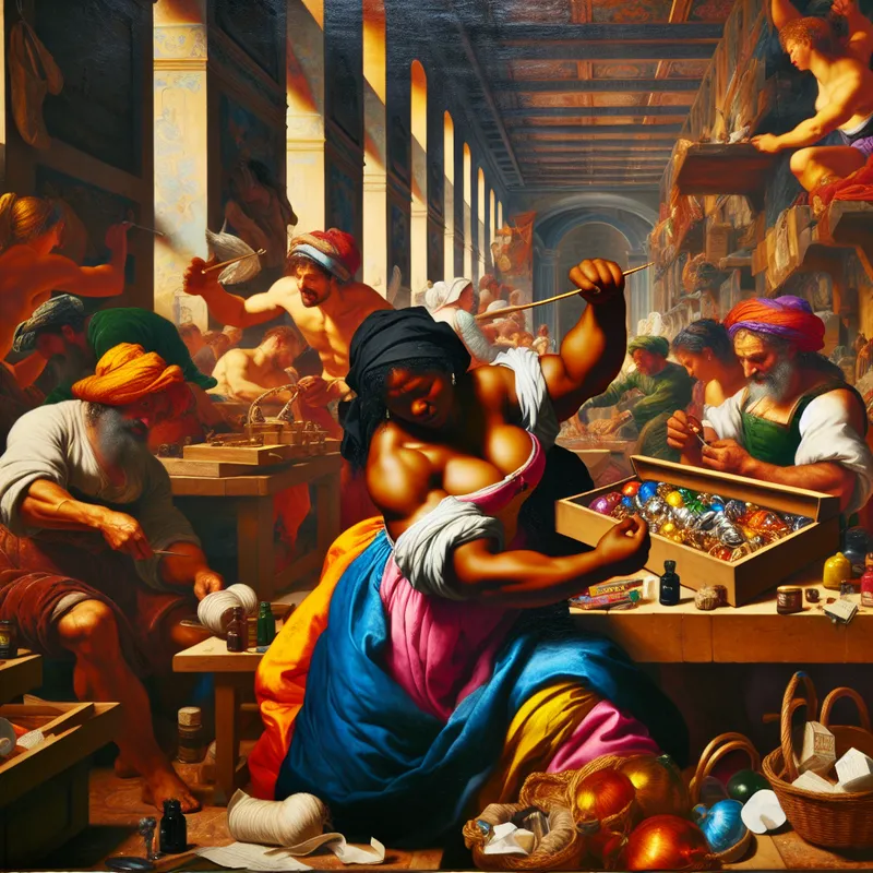 Een sterke artisan in een drukke werkplaats die een prachtig cadeau labelt met een veer en inkt.