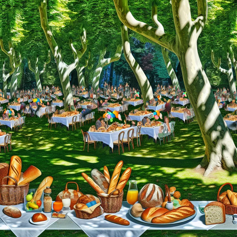 Een mooi gedekte picknicktafel in een groen park met artisanale broden zoals baguettes en zuurdesem op een wit kleed.