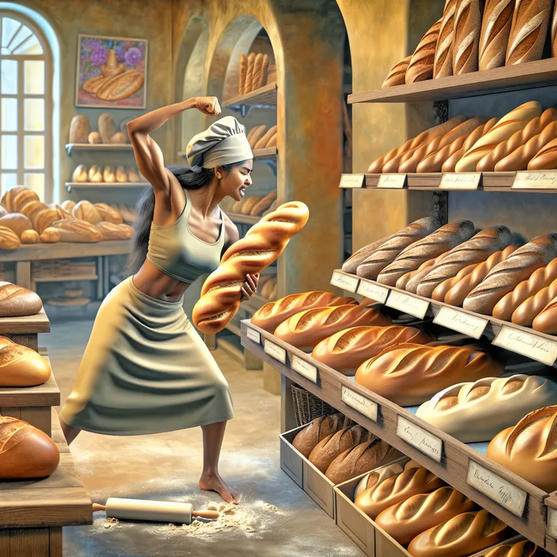 Artisanale bakker aan het werk met een ciabatta in een drukke bakkerij vol verschillende soorten brood