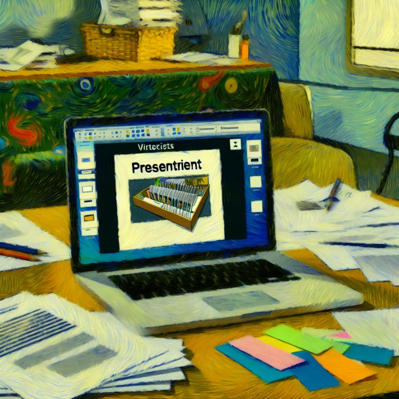 Close-up van een artistiek bureau met een open laptop, documenten en een e-mail met een gemarkeerde bijlage 'Presentatie'.