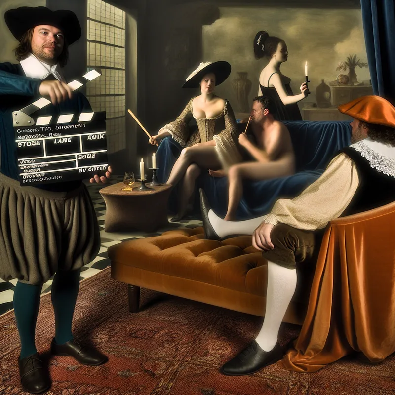 17e-eeuwse filmregisseur met klapperbord naast verfijnd koppel op fluwelen bank in artistieke erotische filmsetting, geïnspireerd op Gerard ter Borch