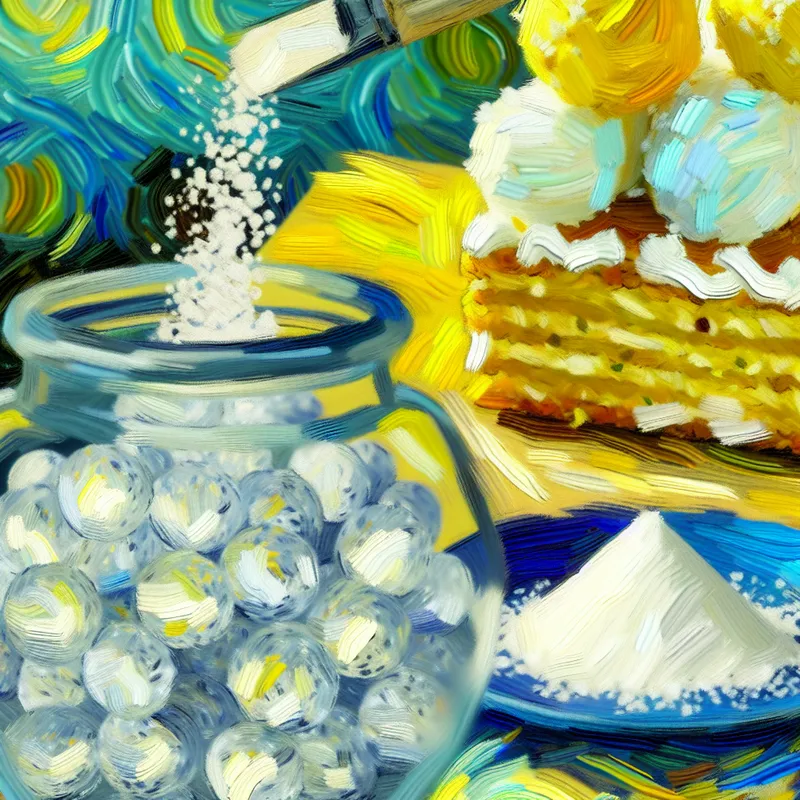 Artistieke interpretatie van suiker in verschillende vormen met een heldere glazen pot vol glanzende suikerkristallen.