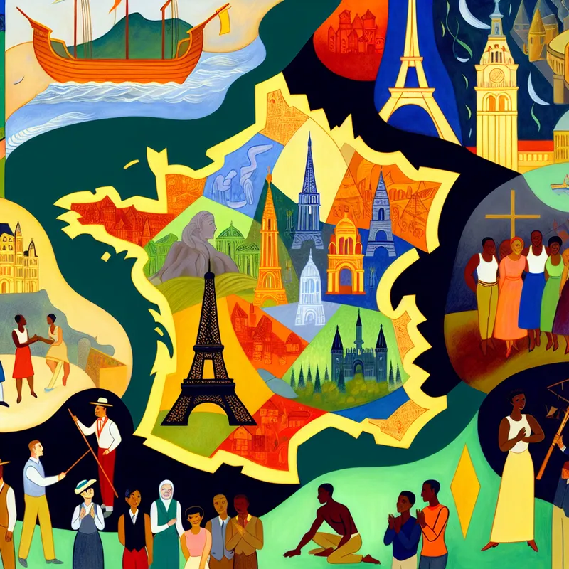 Een kleurrijke en fantasierijke weergave van Frankrijk met historische bezienswaardigheden en diverse mensen die samen vieren, symbool voor eenheid en inclusiviteit.