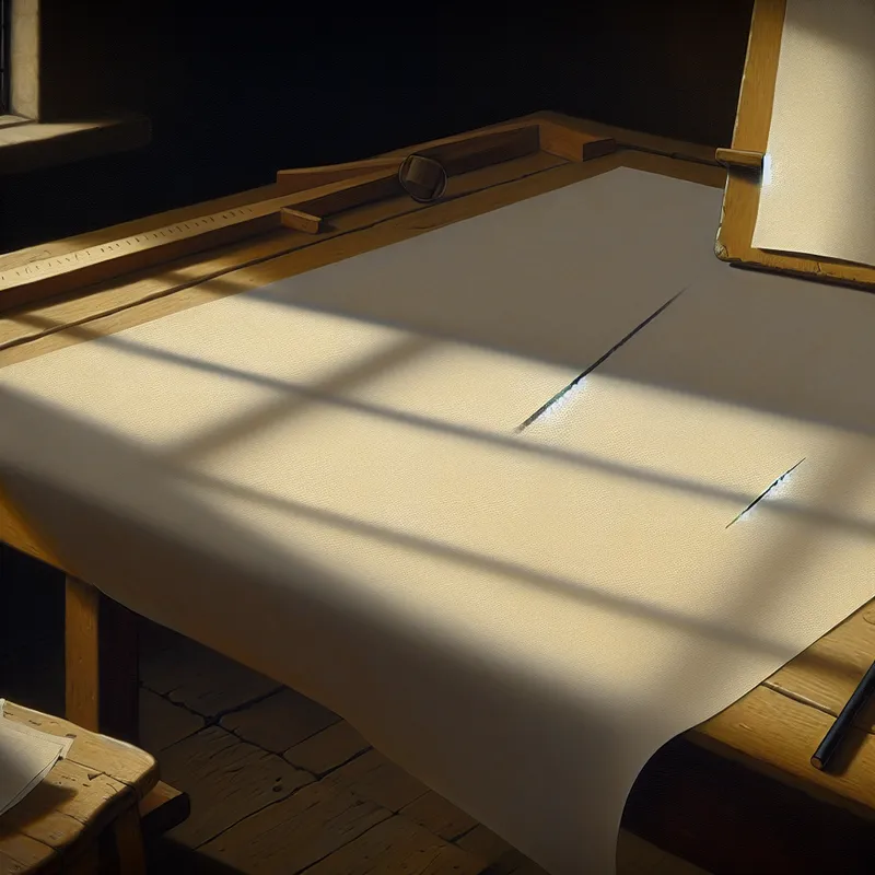 Een artistieke werkplek met een vel fijn papier waarop een rechte zwarte lijn van punt A naar punt B is getekend.